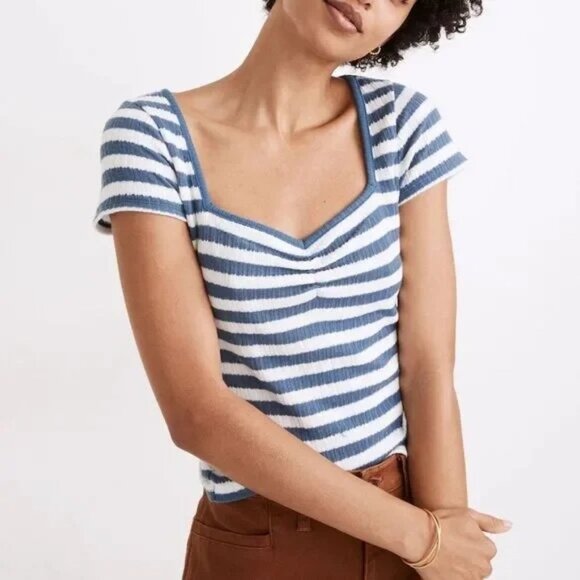 Madewell Tops - CLEARANCE Madewell XS Ribbed Sweetheart Tee in Stripe in Sunfaded Indigo